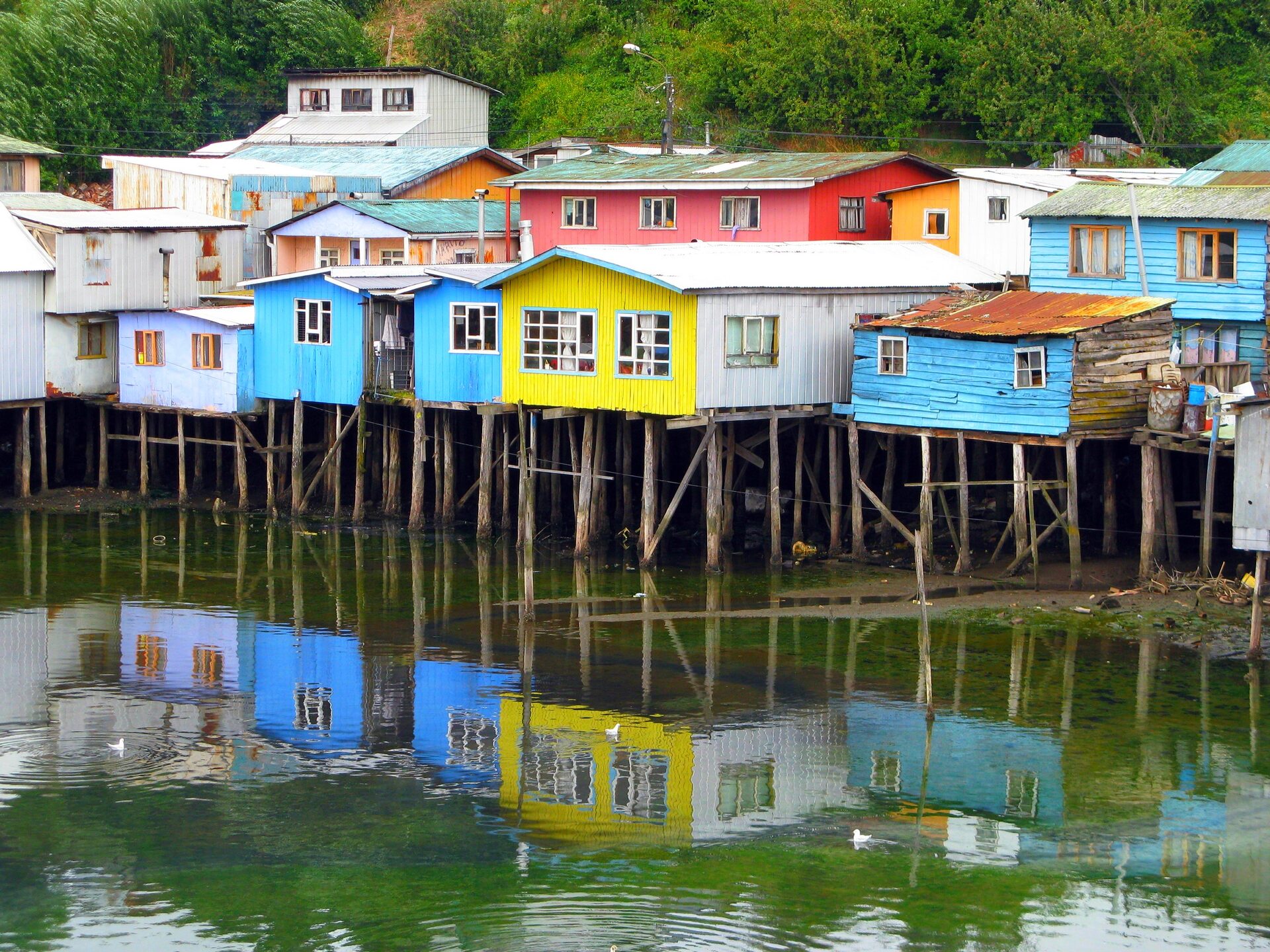 Palafitos de madera reflejados en el agua en Castro, Chiloé